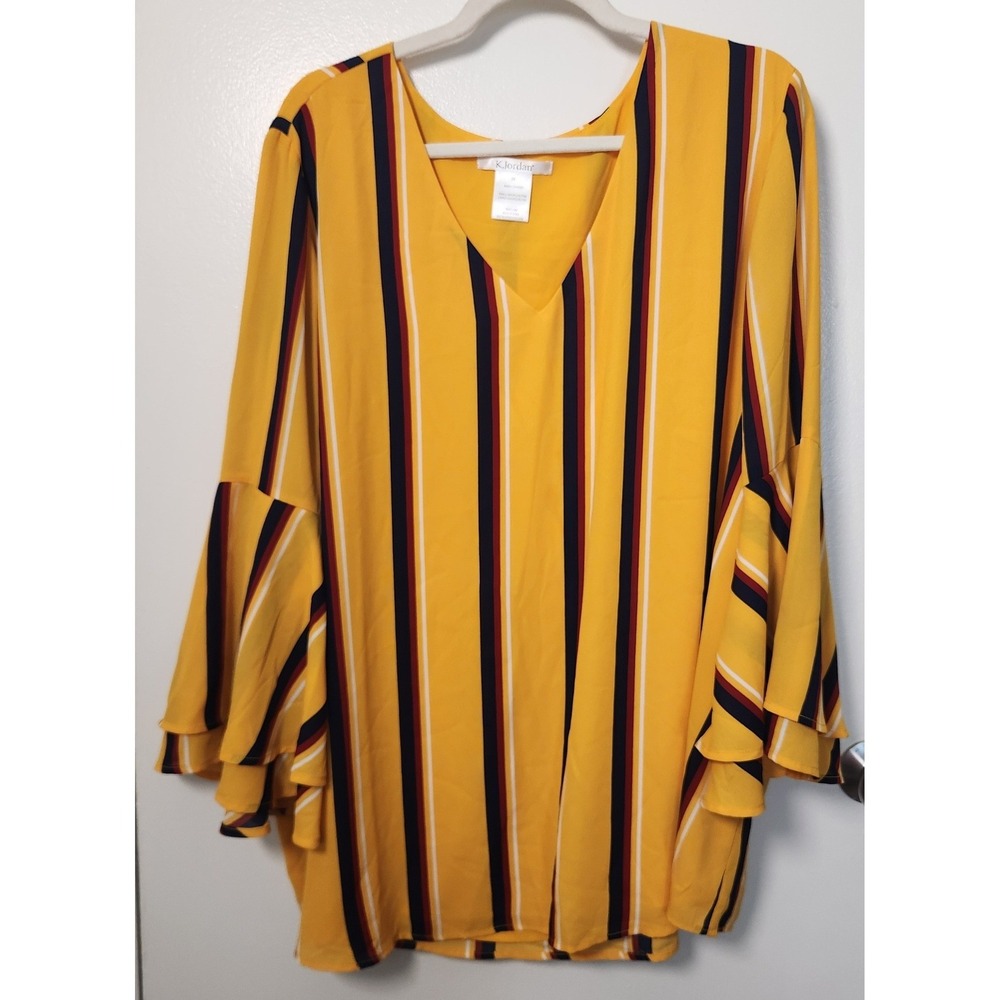 K. Jordan Womens Plus Size 3X Striped V-Neck Tunic Blouse Double Bell 3/4 Sleeve